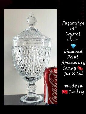 13" Paşabahçe Diamond Point Crystal Clear Turkish Apothecary Candy Jar & Lid